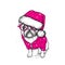 Cute puppy in a New Year hat and scarf. Vector illustration. Pedigree dog. Santa Claus. New Year`s and Christmas.