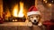 Cute puppy in a New Year\\\'s red hat near the fireplace, Christmas atmosphere. Happy New Year