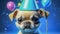 Cute puppy in a party hat on a blue background, cute funny dog celebrating his birthday, cyclic rendering