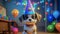 Cute puppy in a party hat on a blue background, cute funny dog celebrating his birthday, cyclic rendering