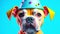 Cute puppy in a party hat on a blue background, cute funny dog celebrating his birthday, cyclic video