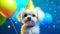 Cute puppy in a party hat on a blue background, cute funny dog celebrating his birthday, cyclic video