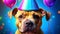 Cute puppy in a party hat on a blue background, cute funny dog celebrating his birthday, cyclic video