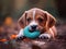 Cute puppy playing with pet toy outdoor. Generative AI