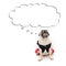 Cute puppy pug dog sit with tongue out and look up to the cloud for label text banner. Conceptual of pug dog banner or