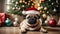Cute puppy pug wearing Santa Claus red hat sits on the floor under the Christmas tree. Happy New Year decoration