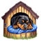 Cute Puppy Rottweiler In Dog House Watercolor Clipart Illustration AI Generative