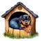 Cute Puppy Rottweiler In Dog House Watercolor Clipart Illustration AI Generative