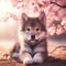 Cute puppy of Siberian husky dog in the background of a blooming cherry tree, sunny morning, generative ai