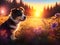 cute puppy siting on grass flower field over sunset warm light bokeh background.