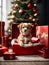 Cute puppy sits in the box under the Christmas tree. Generative AI