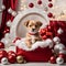 Cute puppy sits in the red box. Merry Christmas and Happy New Year decoration - balls, toys and gifts around. Generative AI