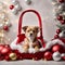 Cute puppy sits in the Santa Claus red bag. Merry Christmas and Happy New Year decoration. Generative AI