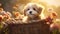 Cute puppy sits in wicker basket on flower field in sunshine