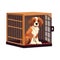 Cute puppy sitting in wooden crate, smiling