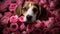 Cute puppy smelling flower, love in nature bouquet generated by AI