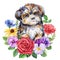 Cute puppy and spring flower on isolated white background. Watercolor hand drawn illustration. blooming wildflowers