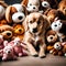 Cute puppy surrounded by soft toys - ai generated image