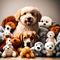 Cute puppy surrounded by soft toys - ai generated image