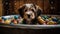 Cute Puppy Taking a Bath in Vintage Clawfoot Tub with Colorful Toys and Towels