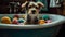 Cute Puppy Taking a Bath in Vintage Clawfoot Tub with Colorful Toys and Towels