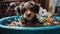 Cute Puppy Taking a Bath in Vintage Clawfoot Tub with Colorful Toys and Towels