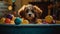 Cute Puppy Taking a Bath in Vintage Clawfoot Tub with Colorful Toys and Towels