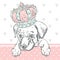 Cute puppy wearing a crown. Vector illustration for greeting card, poster, or print on clothes. Dog clothing.