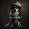 Cute puppy wearing fancy hat on studio background.