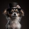 Cute puppy wearing fancy hat on studio background.