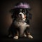 Cute puppy wearing fancy hat on studio background.