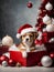 Cute puppy wearing Santa Claus red hat sits in the white box. Generative AI