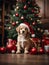 Cute puppy wearing Santa Claus red hat under the Christmas tree. Generative AI