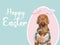 Cute puppy, wicker wreath and plush toy