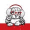 Cute puppy in winter headphones and glasses. Beautiful thoroughbred dog. Spaniel. New Year and Christmas, winter.