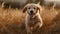 Cute purebred puppy playing in the grass, golden retriever happiness generated by AI