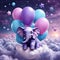 Cute purple baby elephant on balloons above the clouds purple