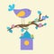 A cute purple bird sits on a tree branch covered with flowers above a birdhouse. Spring came. Design for a postcard or