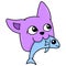 Cute purple cat head biting salted fish food in his mouth, doodle icon drawing