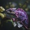 Cute purple chameleon on a branch, unusual lizard close-up