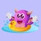 Cute purple monster swimming wearing rubber duck tube