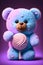 Cute purple teddy bear holding a sweet pink lollipop