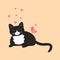 Cute purring black cat with a pink bird on the back and pink hearts.