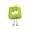 Cute purse character standing with folded hands and whistling, funny green humanized pouch cartoon vector illustration