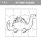 Cute puzzle game. Vector illustration of puzzle game with happy cartoon dino