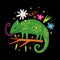 Cute quirky green color chameleon baby character. Adorable hand drawn flat animal isolated on dark background. Little
