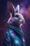 In a cute and quirky illustration, a rabbit wearing galaxy fashion is portrayed with a sense of whimsical fantasy and charm,