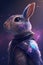 In a cute and quirky illustration, a rabbit wearing galaxy fashion is portrayed with a sense of whimsical fantasy and charm,