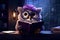 A cute quirky, purple-colored owl wearing oversized glasses. Generative Ai.