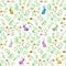 Cute rabbit animal, green grass and flowers. Repeating watercolor ditsy pattern
